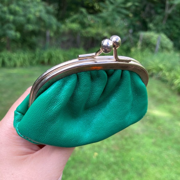 Vintage Genuine Leather Made in Italy Green Kiss Style Clasp Coin Purse Bag - Picture 5 of 9